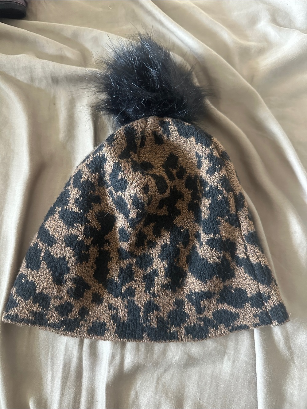 Christian Siriano Leopard Print Pom Beanie Hat - Black and Brown